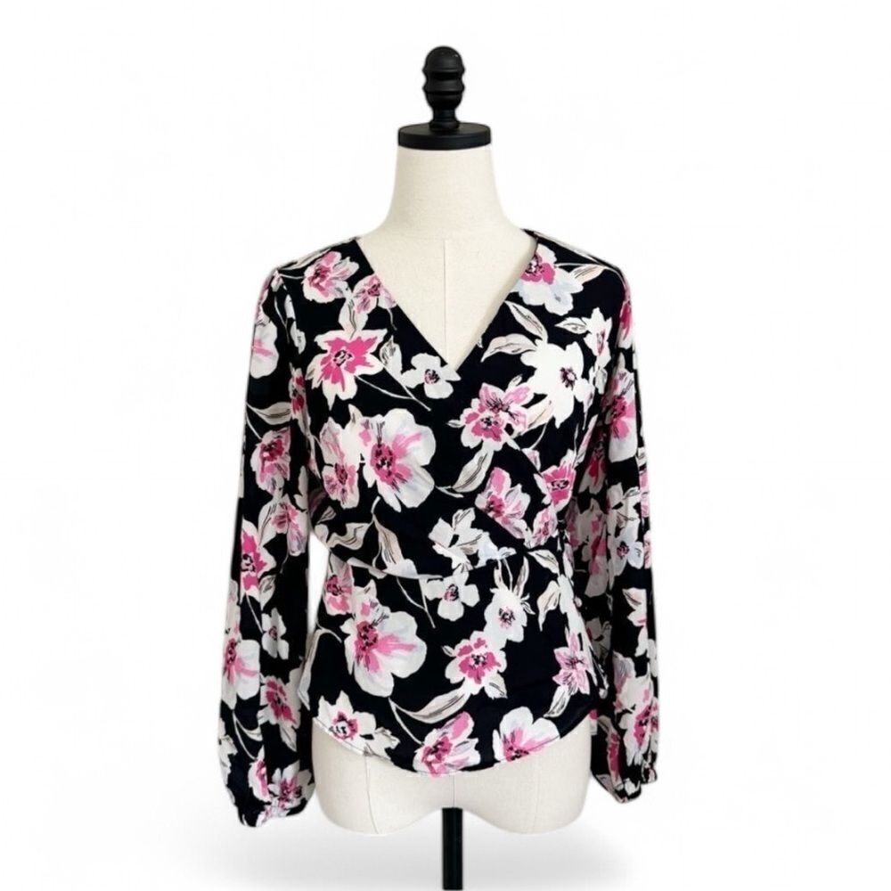 Banana Republic Top Size Petite Small Navy Blue Floral Long Sleeve Blouse